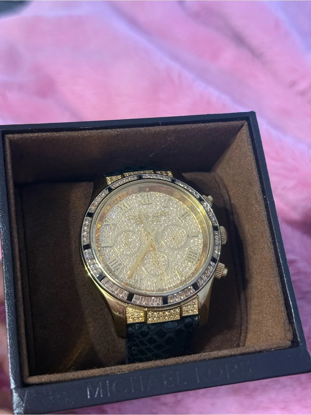 Michael Kors Gold Crystal Dial Unisex Watch with Black Leather Strap